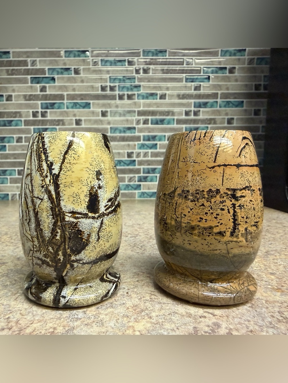 Natural Chinese Painting Stone Hand-Carved Vases